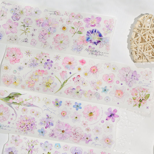 Kaleidoscope Shimmering Pink Glitter Sand PET die-cut tape full set of all designs in pink floral tones on white background
