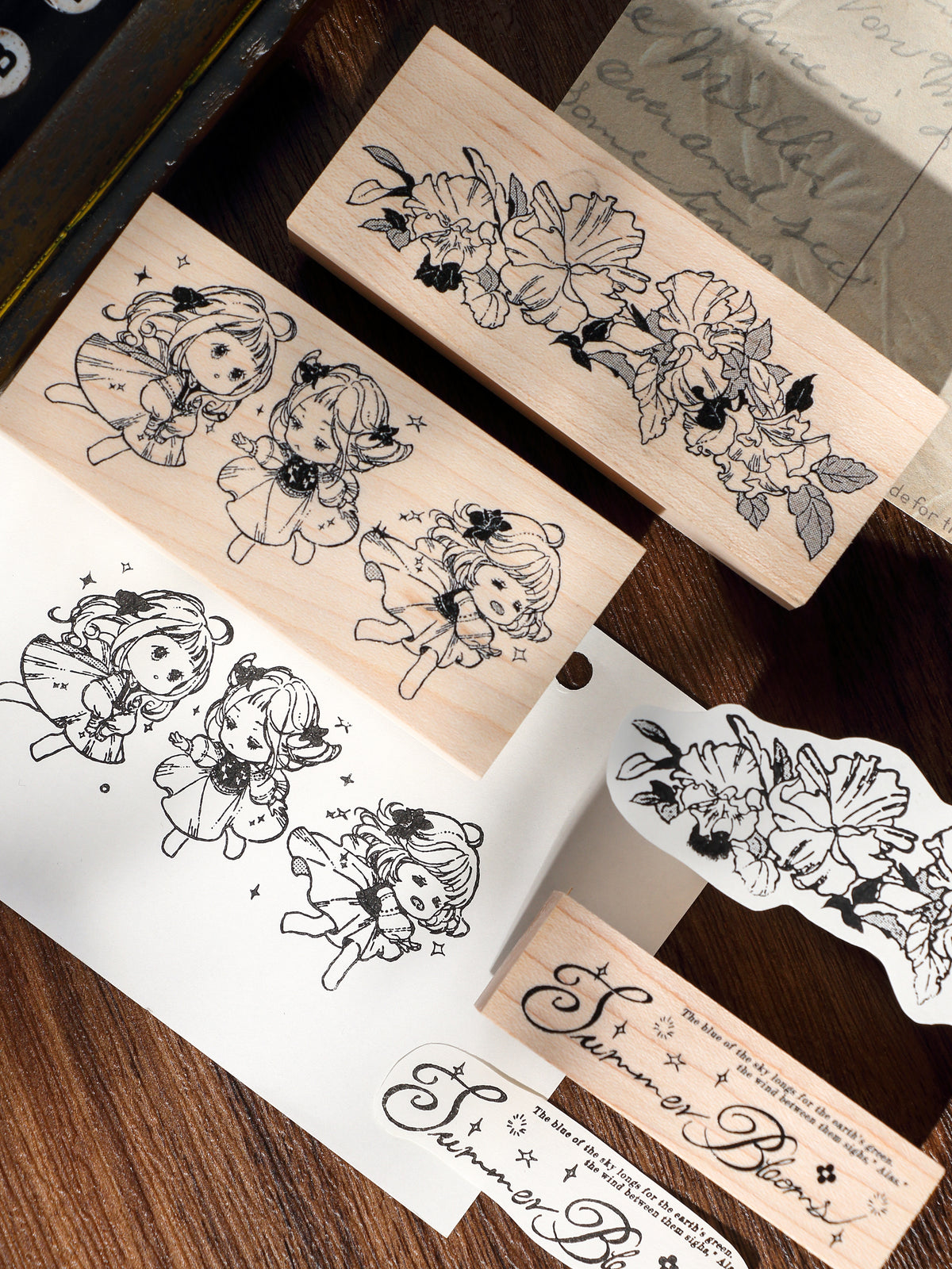 Botanical Floral Garland & Forest Fairy Girl Wood Mounted Rubber Stamp Halftone Music Notes & Raindrops Decorative Rubber Stamp