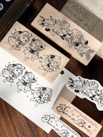 Botanical Floral Garland & Forest Fairy Girl Wood Mounted Rubber Stamp Halftone Music Notes & Raindrops Decorative Rubber Stamp