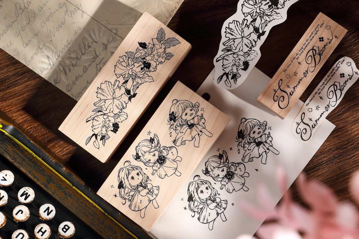 Botanical Floral Garland & Forest Fairy Girl Wood Mounted Rubber Stamp Halftone Music Notes & Raindrops Decorative Rubber Stamp