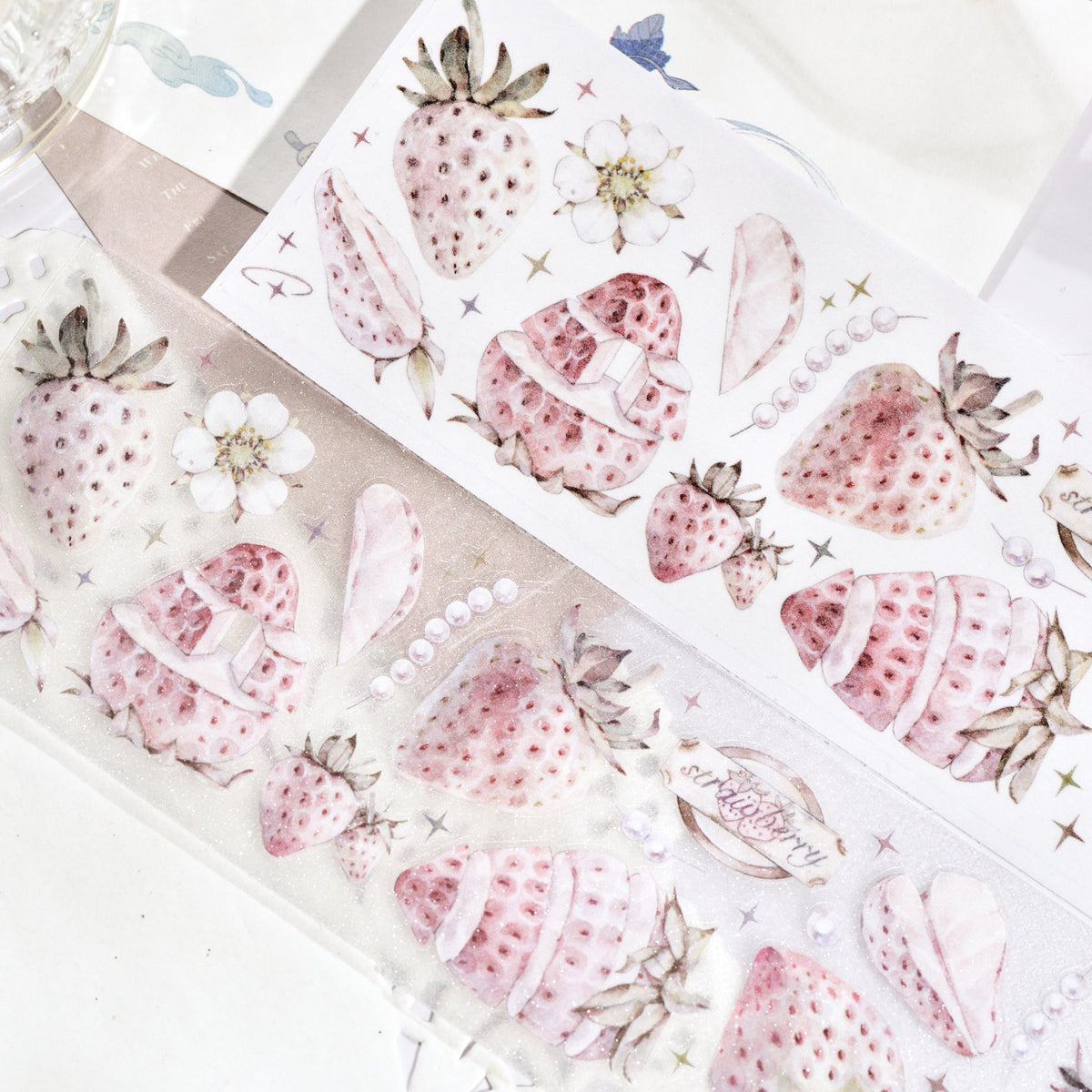Antique Strawberry PET tape roll with strawberry-themed die-cut pattern on white background