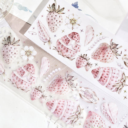 Antique Strawberry PET tape roll with strawberry-themed die-cut pattern on white background