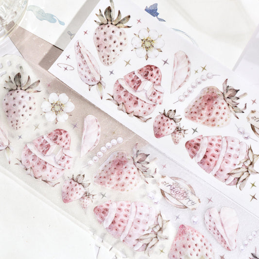 Antique Strawberry PET tape roll with strawberry-themed die-cut pattern on white background