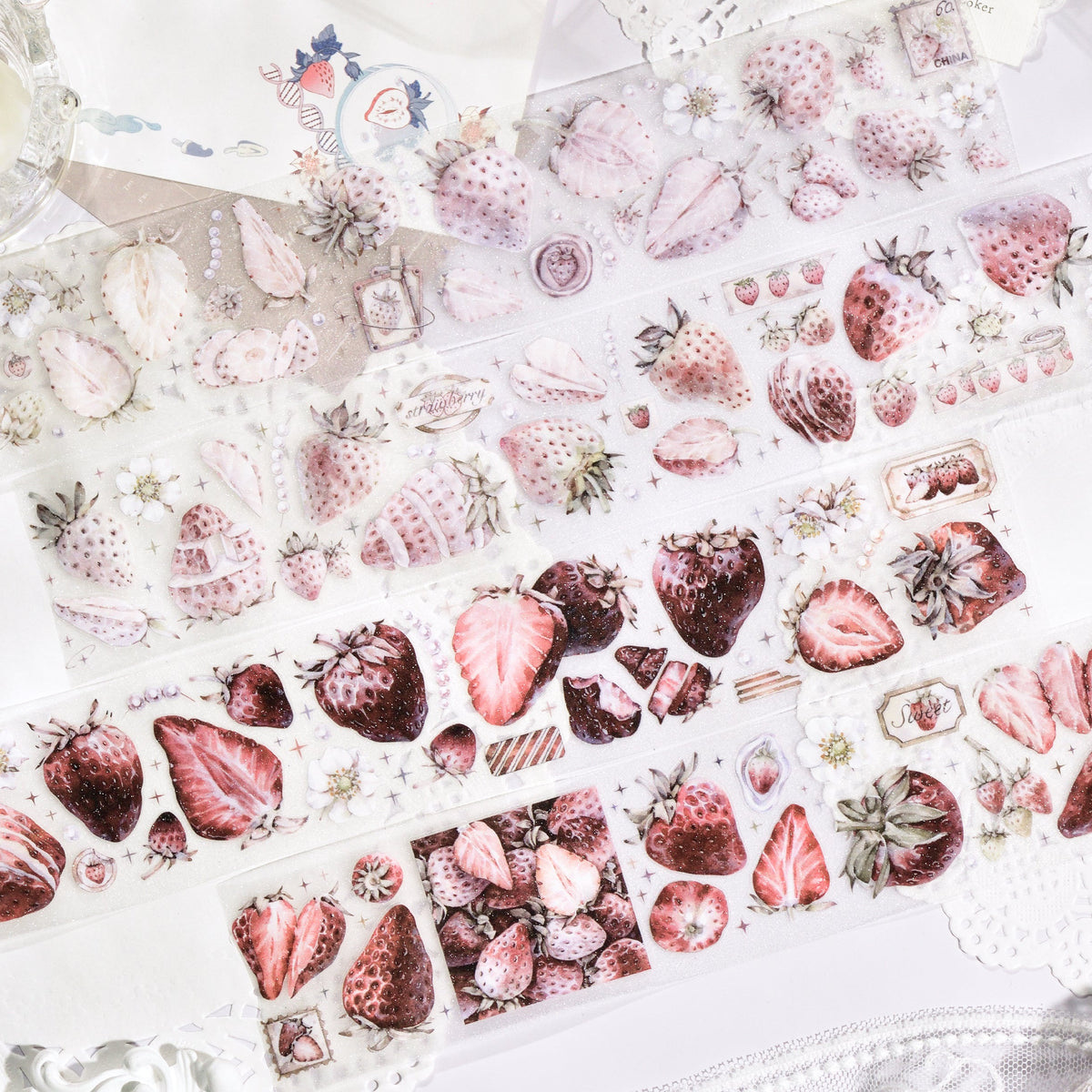 Vintage die-cut PET tape Antique Strawberry full roll display with matte texture edges on white background
