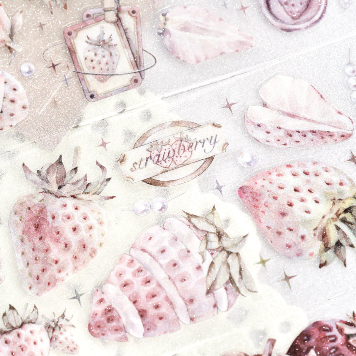 Close-up detail of Antique Strawberry die-cut PET tape with matte texture and holographic shimmer on white background