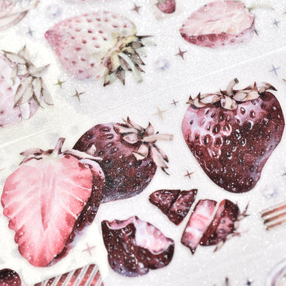 Close-up of Antique Strawberry die-cut PET tape with vintage red tones and matte shimmer on white background

