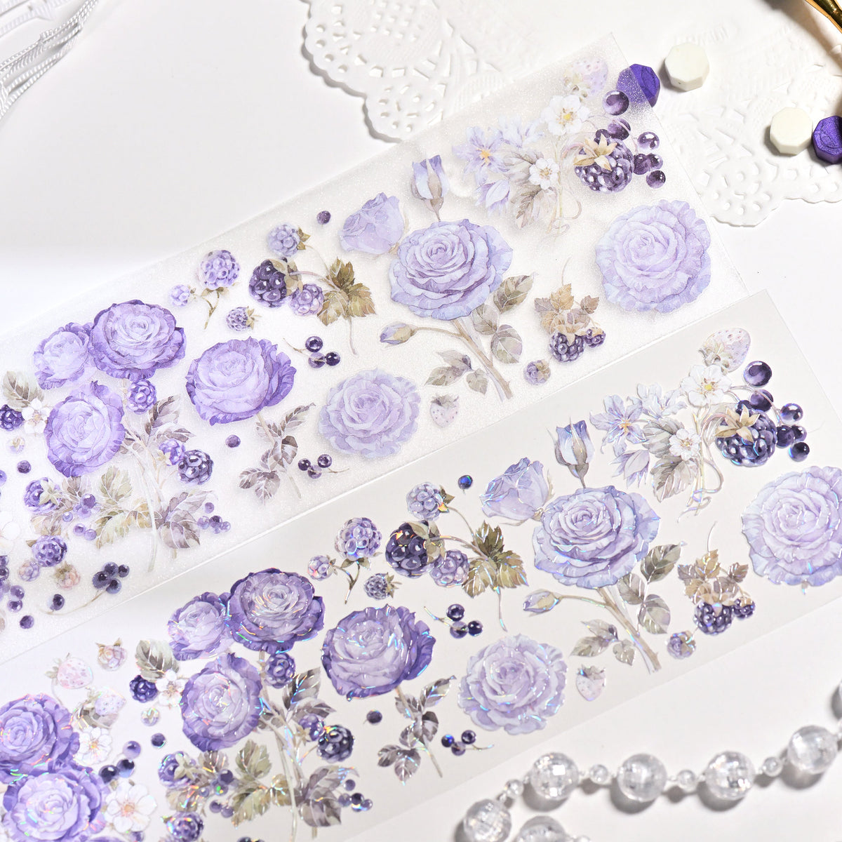 Bramble Periwinkle Blue Glitter Sand PET die-cut tape full set display with all periwinkle blue floral designs and sandy sparkle finish on white background