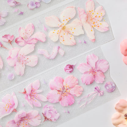 Cherry Blossom Glitter Sand PET die-cut tape full set of all designs in soft white and pink tones on white background