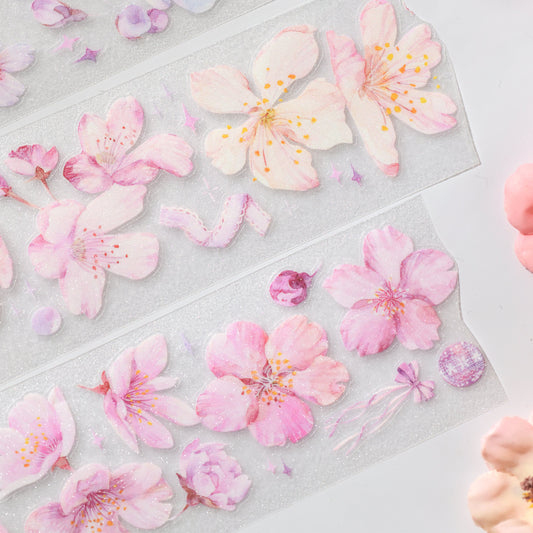 Cherry Blossom Glitter Sand PET die-cut tape full set of all designs in soft white and pink tones on white background