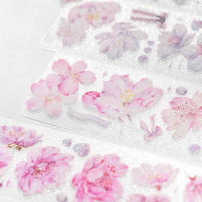 Cherry Blossom Glitter Sand PET die-cut tape arranged with scattered sakura motifs and glitter texture detail on white surface