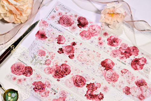 Crimson Blooms PET/Washi tape, Vintage Flower, Pre-cut. Journal supplies, scrapbook supplies, planner sticker, journal stickers.