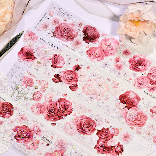 Crimson Blooms Glitter Sand PET die-cut tape full set of all designs displayed on white background