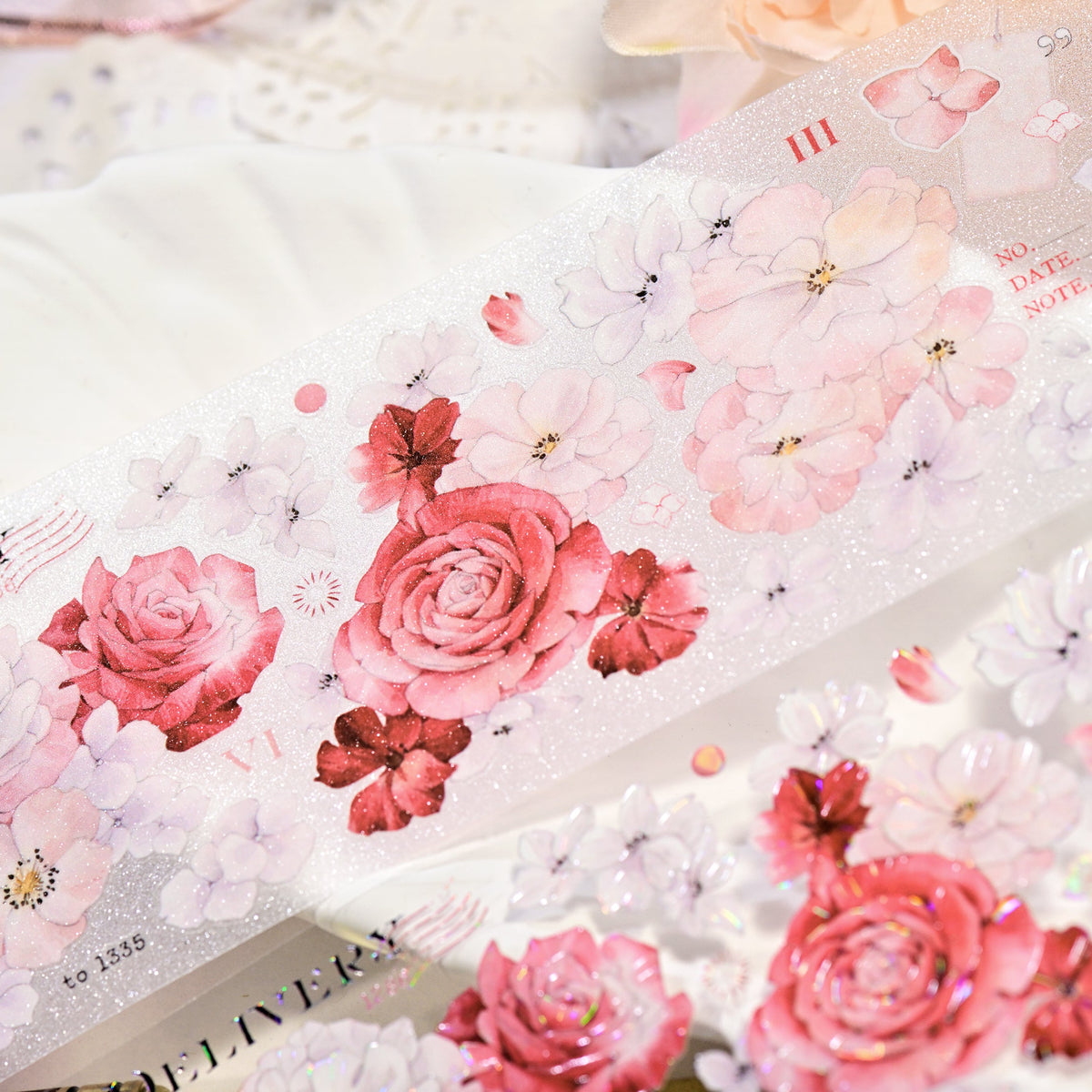 Crimson Blooms Glitter Sand PET die-cut tape full set styled with journal and dried flowers in flat lay composition