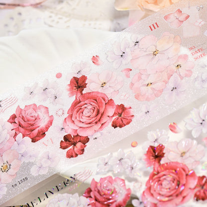 Crimson Blooms Glitter Sand PET die-cut tape full set styled with journal and dried flowers in flat lay composition
