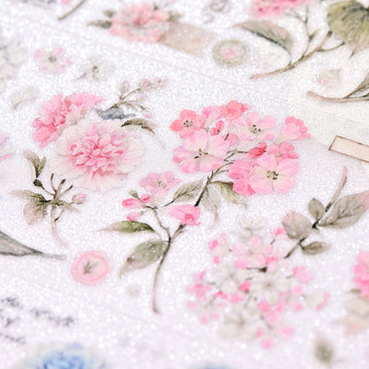 Isabella's Feast Glitter Sand PET die-cut tape full set arranged with scattered crimson and navy blossom motifs on white background