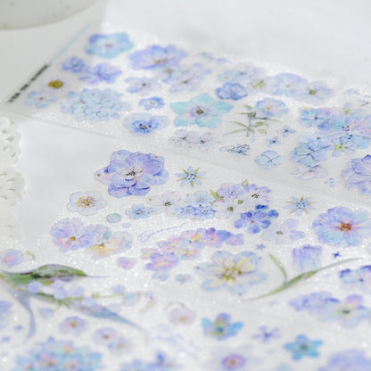 Kaleidoscope Shimmering Blue Glitter Sand PET die-cut tape full set of all designs in blue floral tones on white background