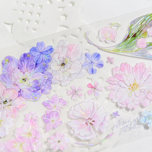 Close-up of Kaleidoscope Shimmering Pink Glitter Sand PET tape die-cut edges with glitter texture and pink flower silhouette on white background