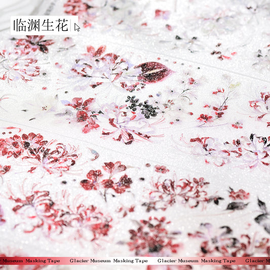 Macro close-up of Red Spider Lily Glitter Sand PET die-cut tape full set with textured glitter grain and vivid red spider lily motifs on white background