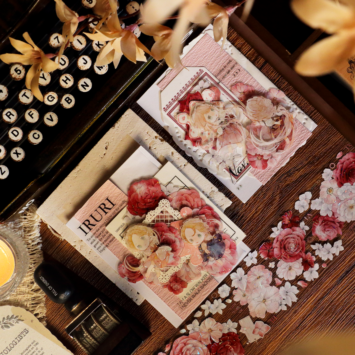 Scarlet Floral Glitter Sand PET die-cut tape styled in a collage spread with red blossoms and cute girl motif on wood grain background