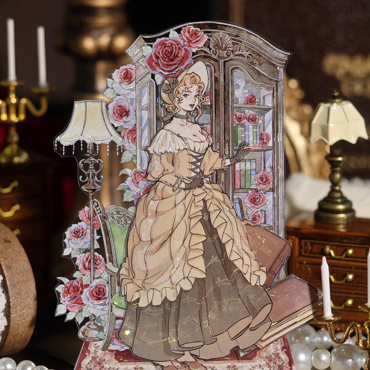 The Rhine Ball Shell Light PET die-cut tape with noble lady and rose window background design