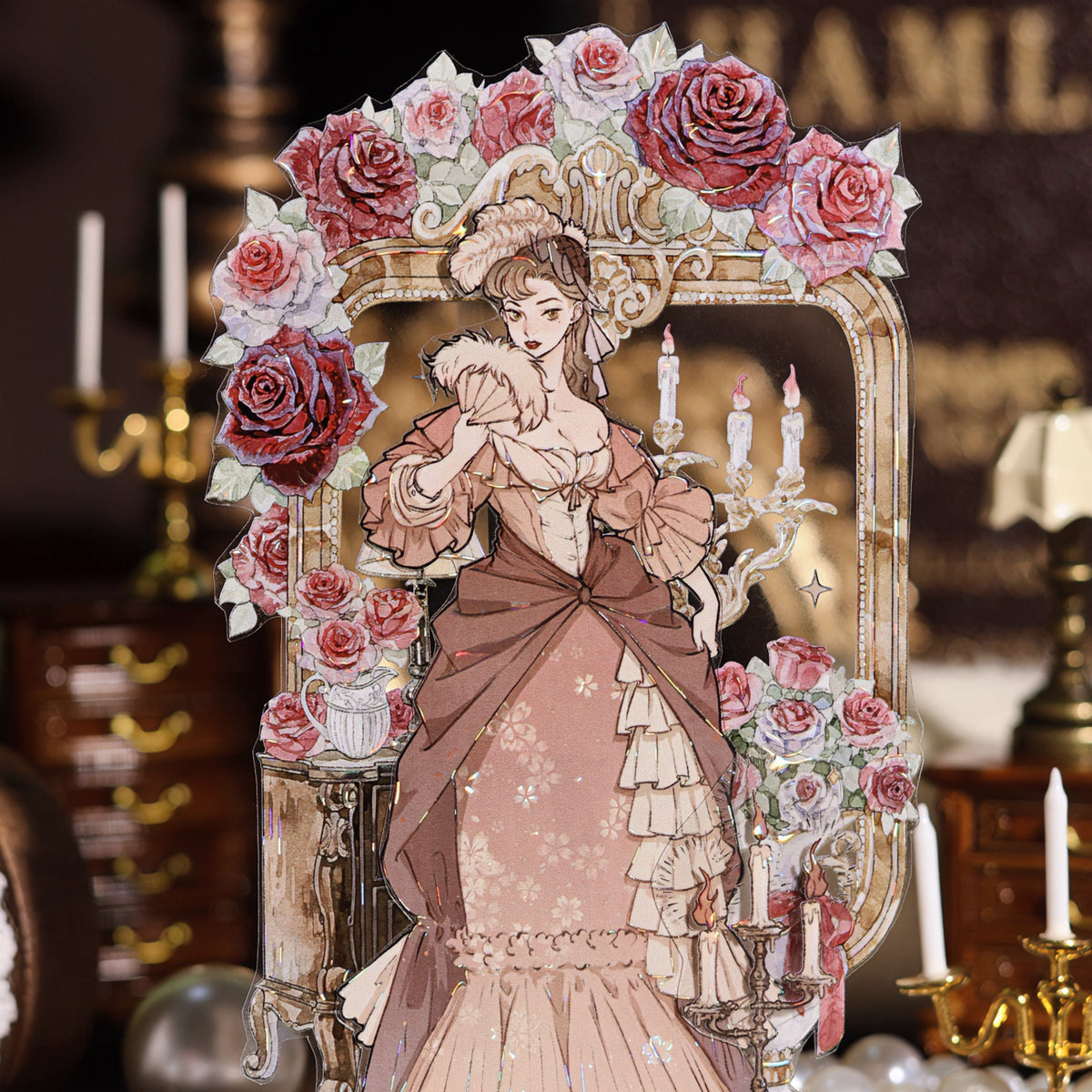 The Rhine Ball Shell Light PET die-cut tape with noble lady holding fan beside roses and candle on desktop design