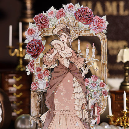 The Rhine Ball Shell Light PET die-cut tape with noble lady holding fan beside roses and candle on desktop design