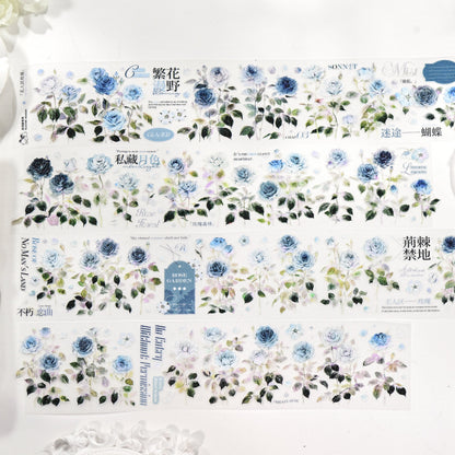 Wilderness Rose Glacial Blue PET die-cut tape full set of Glitter Sand and Glossy finishes in blue rose floral tones on white background